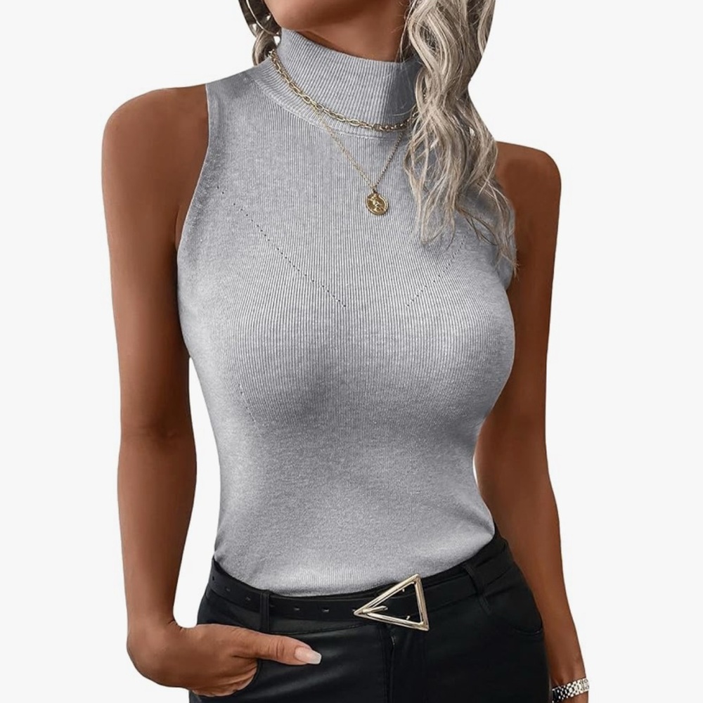 Mock neck knit grey sleeveless top